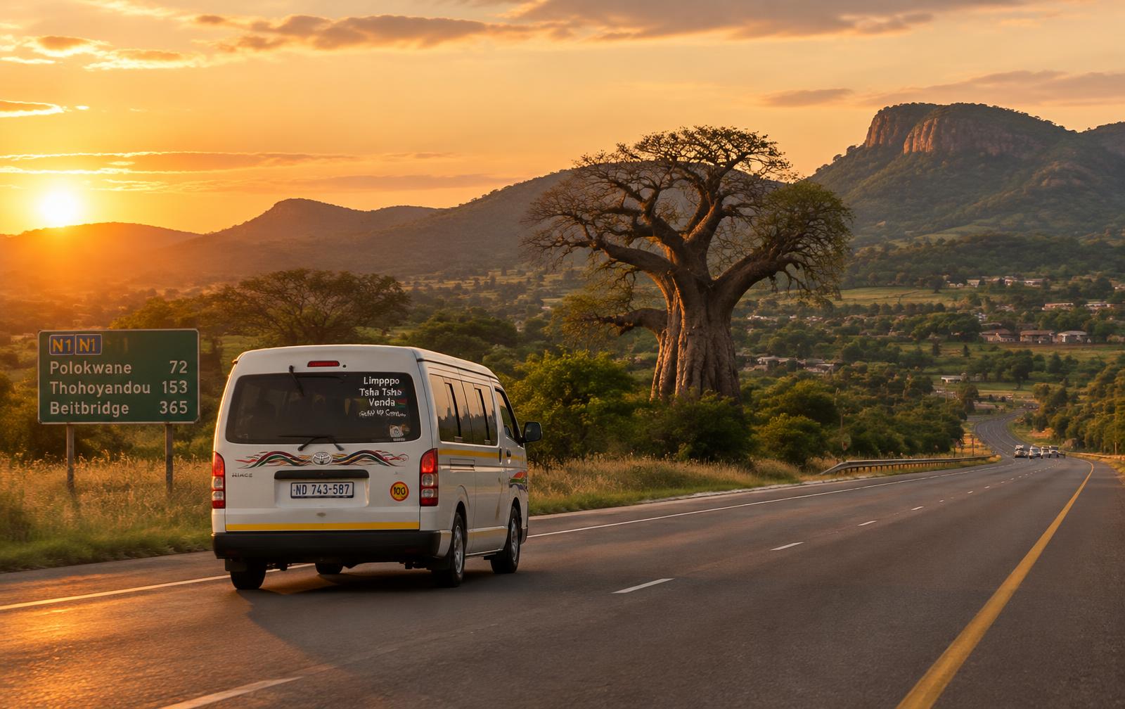 Minibus taxi on the N1 heading into Venda at sunset